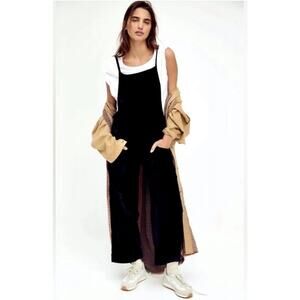 Free People Black Velvet Size S Wide Leg Drawstring Back Boho Weekender Overalls